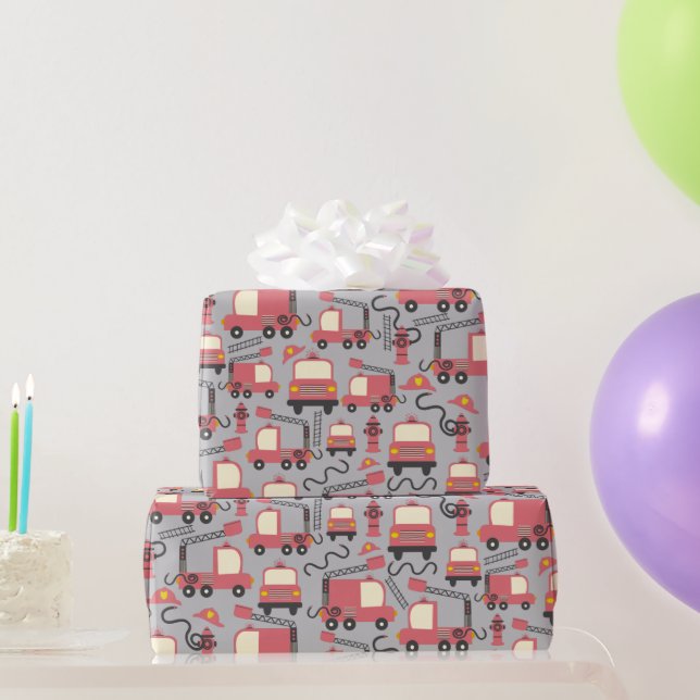 Red Firetrucks Firefighter Kids Rescue Vehicles Wrapping Paper (Party Gifts)