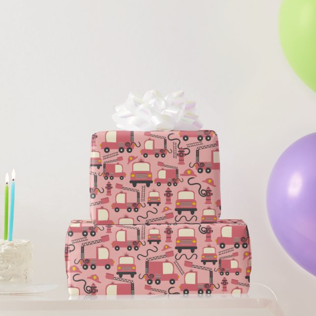 Red Firetrucks Firefighter Kids Rescue Vehicles Wrapping Paper (Party Gifts)