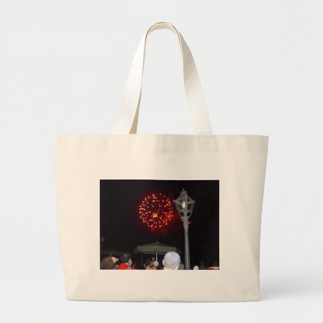 Red Fireworks Celebration with Lamppost Image Large Tote Bag (Front)