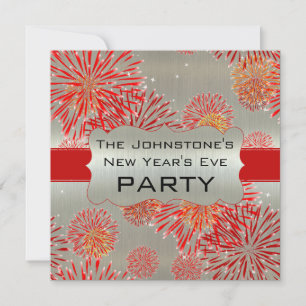 Red Fireworks on Silver New Year's Eve Party Invitation