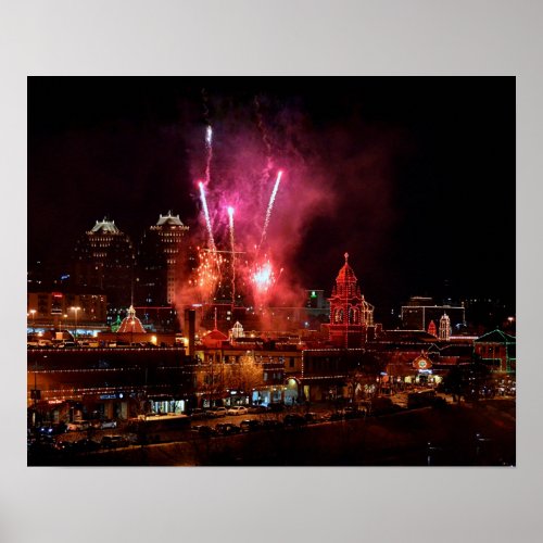 Red Fireworks Over The Kansas City Plaza Lights Poster