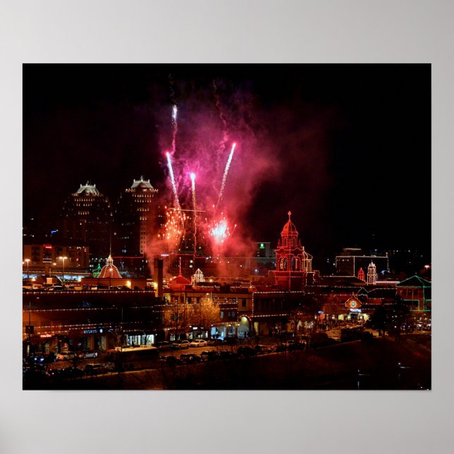 Red Fireworks Over The Kansas City Plaza Lights Poster (Front)