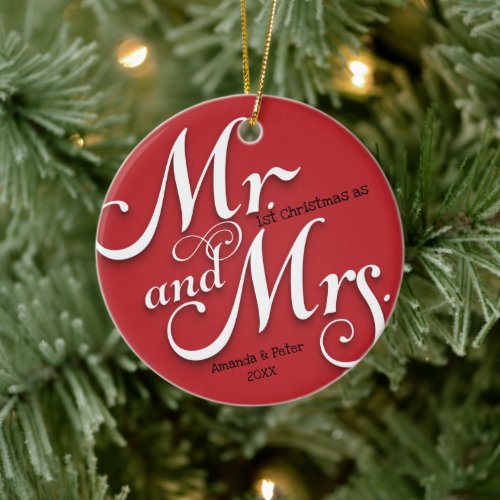 red First Christmas as mr and mrs newlywed photo C Ceramic Ornament