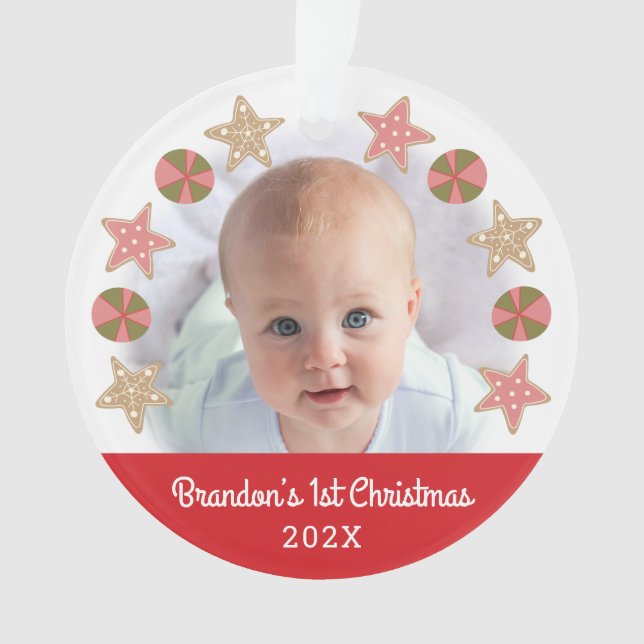 Red First Christmas Baby Photo Gingerbread Boy Ornament (Front)