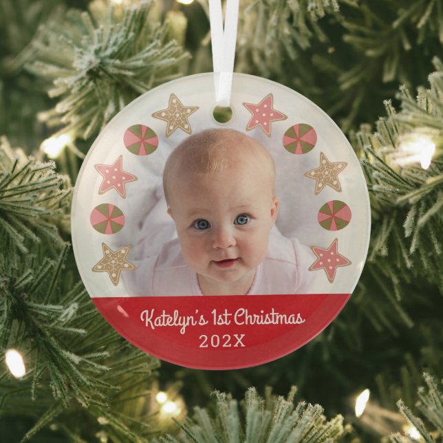 Red First Christmas Baby Photo Girl Cookie Wreath Glass Ornament (Insitu)
