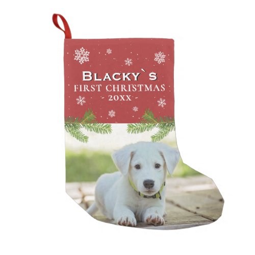 Red First Christmas Puppy Photo Pine Snowflake Small Christmas Stocking