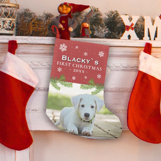 Red First Christmas Puppy Photo Pine Snowflake Small Christmas Stocking (Creator Uploaded)