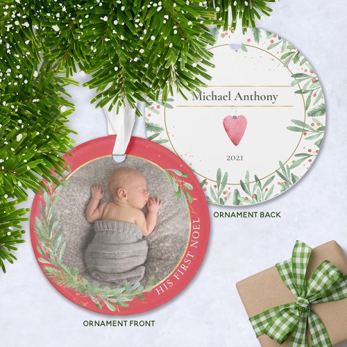 Red First Noel Christmas Greenery Baby Photo Ornament