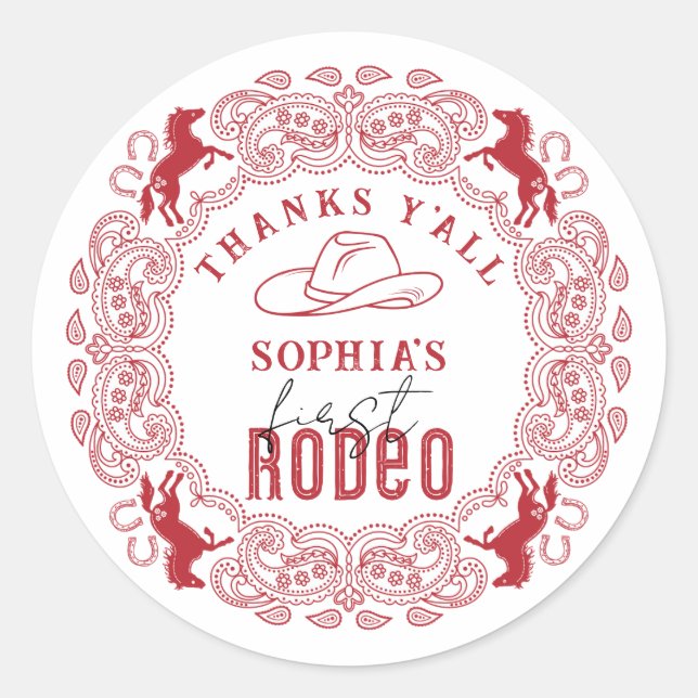 Red First Rodeo Birthday Favor Sticker – Western C (Front)