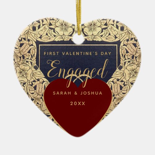 Red First Valentines Day Engaged Gold Roses Ceramic Ornament
