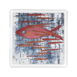 Red Fish, Blue Water Expressive Fish Art Serving Acrylic Tray