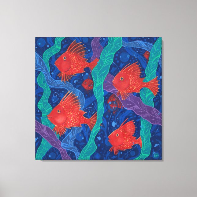 Red Fish, Seaweed Sea Ocean Animals Underwater Art Canvas Print (Front)