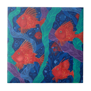 Red Fish, Seaweed Sea Ocean Animals Underwater Art Ceramic Tile