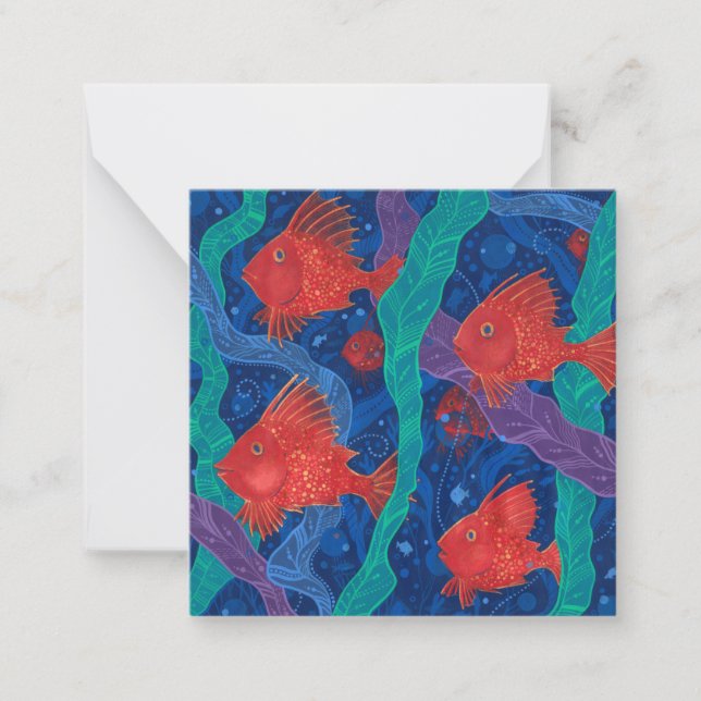 Red Fish, Seaweed Sea Ocean Animals Underwater Art Note Card (Front)