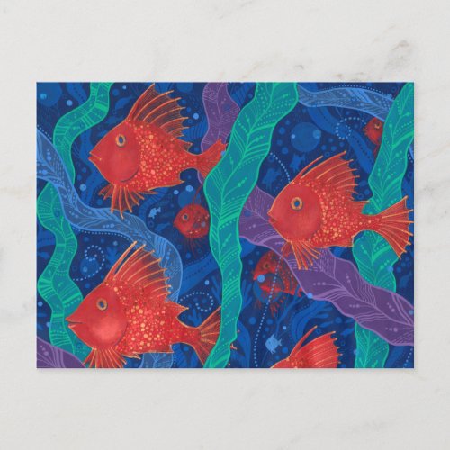 Red Fish, Seaweed Sea Ocean Animals Underwater Art Postcard