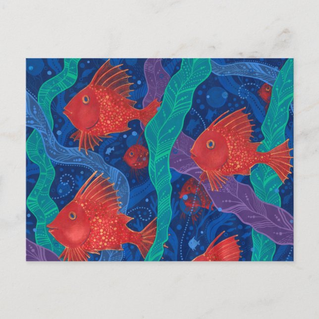 Red Fish, Seaweed Sea Ocean Animals Underwater Art Postcard (Front)