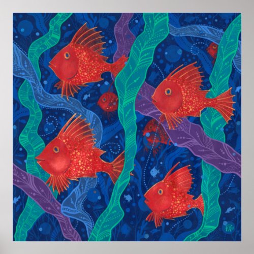Red Fish Seaweed Sea Ocean Animals Underwater Art Poster