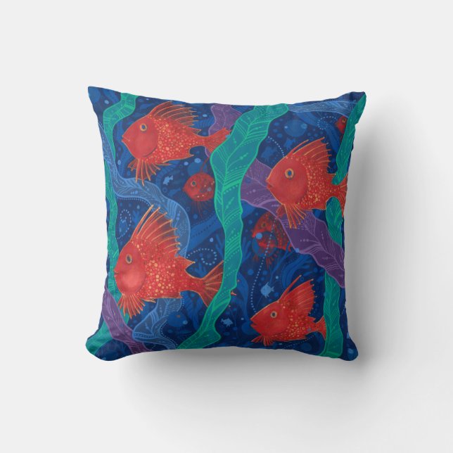 Red Fish, Seaweed Sea Ocean Animals Underwater Art Throw Pillow (Front)