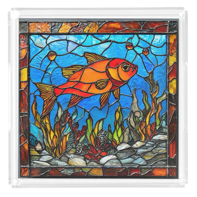 Red fish stained glass acrylic tray (Front)