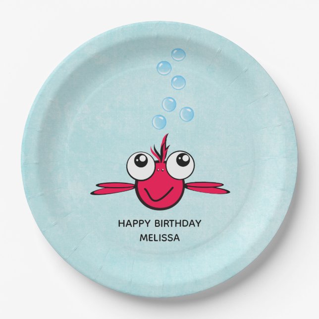 Red Fish with Big Eyes Cartoon Illustration Paper  Plates (Front)