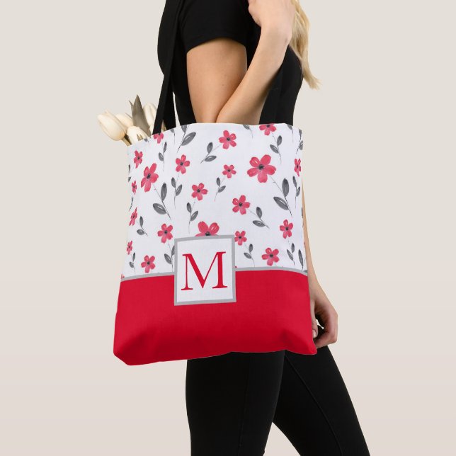 Red Five Petal Watercolor Flower Pattern Tote Bag (Close Up)