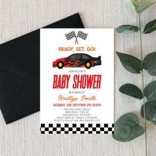 Red Flame Race Car Checkered Race Flag Baby Shower Invitation