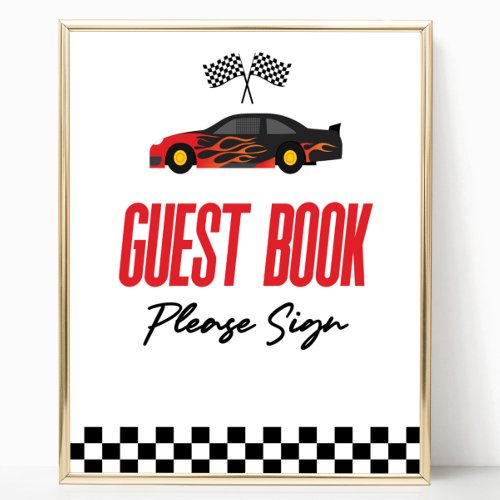 Red Flame Race Car Guest Book Party Sign