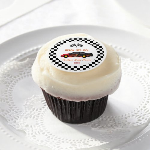 Red Flame Race Car Ready Set Go Baby Shower Edible Frosting Rounds