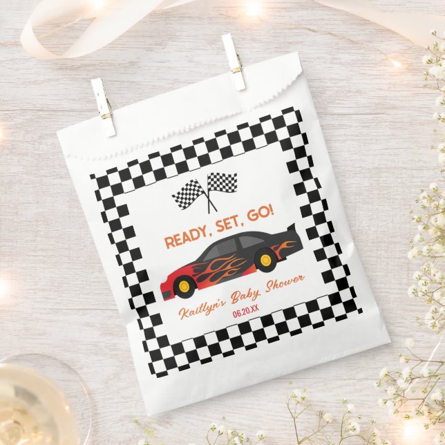 Red Flame Race Car Ready Set Go Baby Shower Favor Bag (Clipped)
