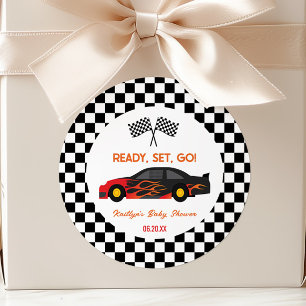 Red Flame Race Car Ready Set Go Baby Shower Favor Classic Round Sticker