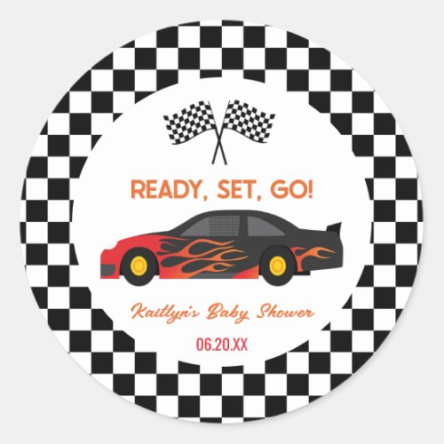 Red Flame Race Car Ready Set Go Baby Shower Favor Classic Round Sticker