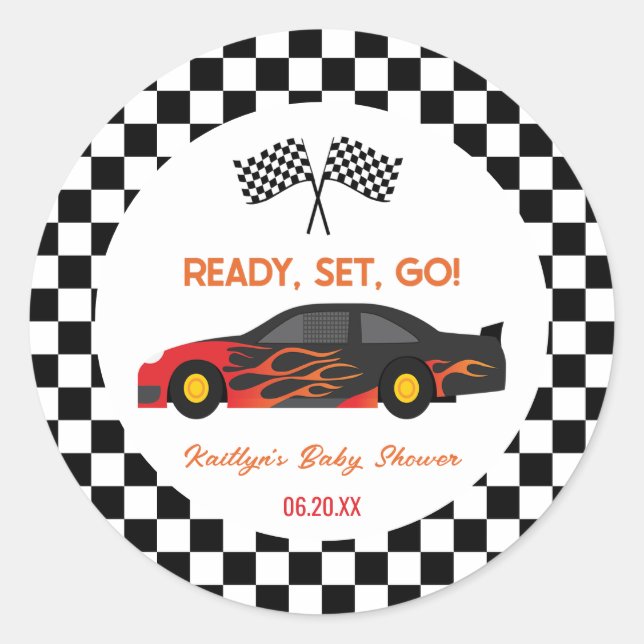 Red Flame Race Car Ready Set Go Baby Shower Favor Classic Round Sticker (Front)