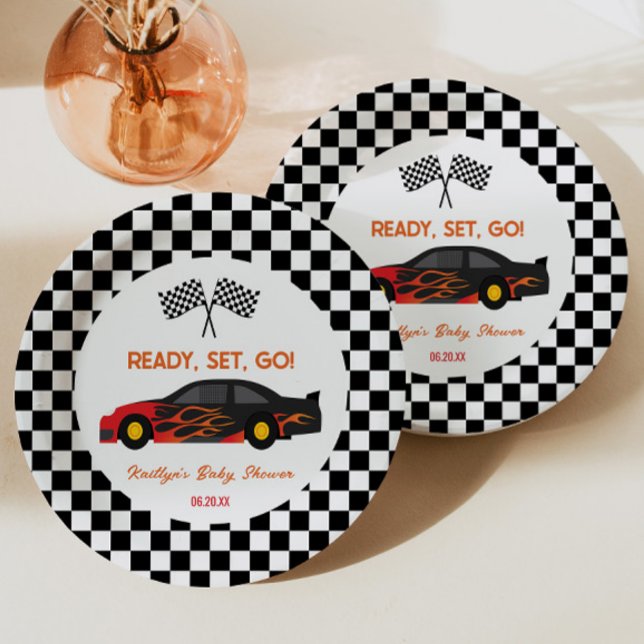 Red Flame Race Car Ready Set Go Baby Shower Paper Plates (Creator Uploaded)