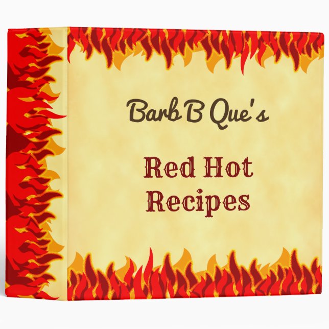 Red Flames Editable Retro BBQ Recipe Organizer 3 Ring Binder (Front/Spine)