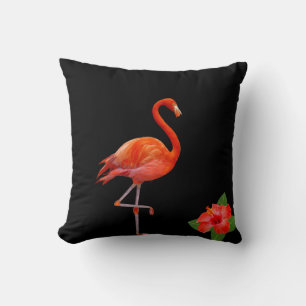 Red Flamingo and Hibiscus on Black Throw Pillow