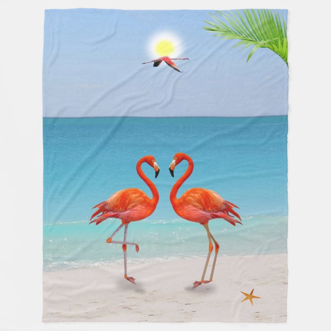 Red Flamingo Couple & Palm Leaf on the Beach Fleece Blanket (Front)