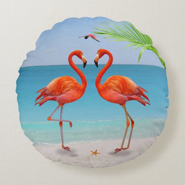 Red Flamingo Couple & Palm Leaf on the Beach Round Pillow (Front)