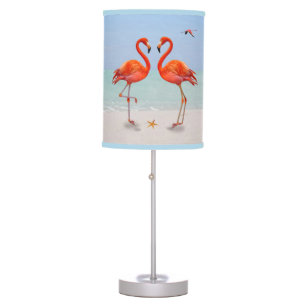 Red Flamingo Couple & Palm Leaf on the Beach Table Lamp