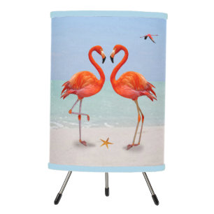 Red Flamingo Couple & Palm Leaf on the Beach Tripod Lamp