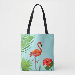 Red Flamingo, Hibiscus & Tropical Palm Leaves Tote Bag