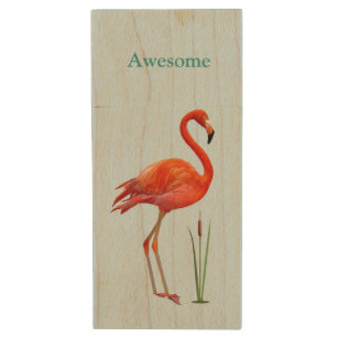 Red flamingo on light blue wood flash drive