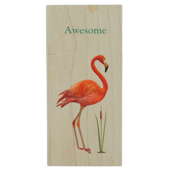 Red flamingo on light blue wood flash drive (Front Vertical)
