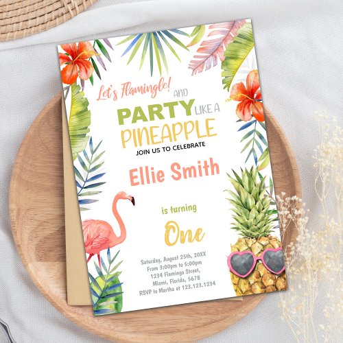 Red Flamingo  Pineapple Birthday Invitations