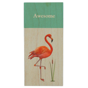 Red flamingo & reed plant wood flash drive