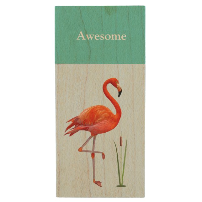 Red flamingo & reed plant wood flash drive (Front Vertical)