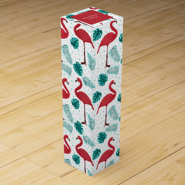 Red flamingo stars monstera leaves palm christmas wine box (Front)