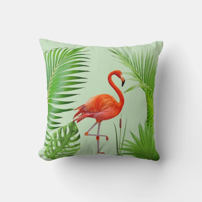 Red Flamingo & Tropical Palm Leaves on Green Throw Pillow (Front)