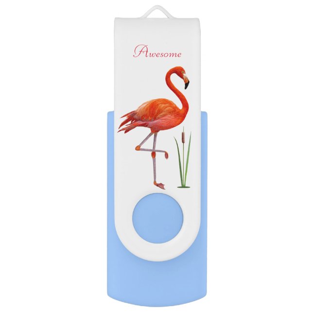 Red flamingo with calligraphy on white flash drive (Front Vertical)