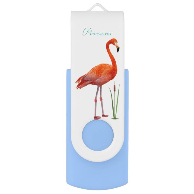 Red flamingo with calligraphy on white flash drive (Front Vertical)