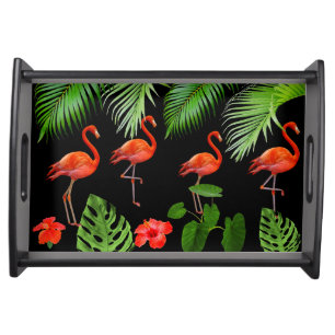 Red Flamingos & Palm Leaves on Black Serving Tray